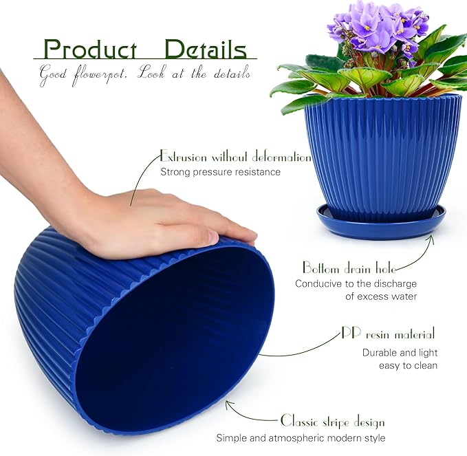 Plant Pots Indoor with Saucers & Drainage - 6 Pack Flower Pots - Plastic Planters for Indoor Planter - 7.5/6.6/5.8/5.0/4.3/3.5 inches Sizes for All Different Types of Plants-Dark Blue