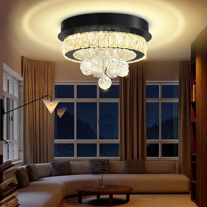 Flashing God 12" Modern Crystal Chandeliers Flush Mount Ceiling Light Black Chandelier for Hallway LED Dimmable Light Fixture for Dining Room Living Room Bedroom