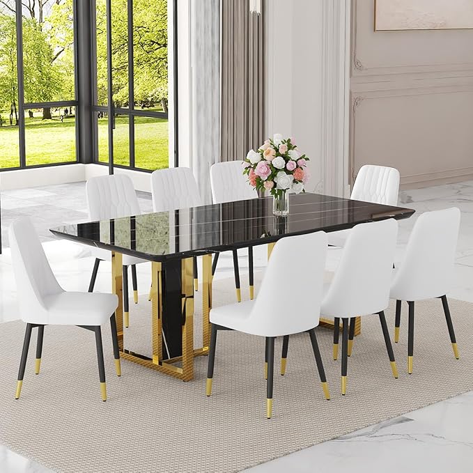 TesNus 79" Black Dining Table Set for 8 with Chairs,Large Faux Marble Kitchen Table and Chairs Set Rectangular 9 Piece Dining Room Set with Gold Metal Legs,Easy Assemble,Stable Base