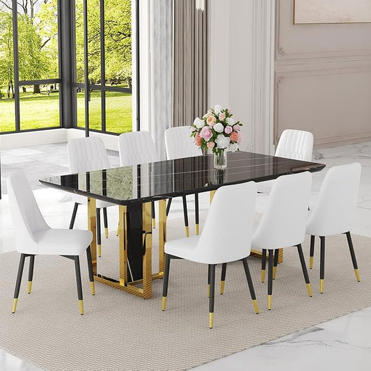 TesNus 79" Black Dining Table Set for 8 with Chairs,Large Faux Marble Kitchen Table and Chairs Set Rectangular 9 Piece Dining Room Set with Gold Metal Legs,Easy Assemble,Stable Base