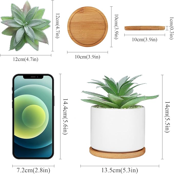 Hopewood Artificial Succulents Plant, Faux Agave Succulent Plant in Ceramic Pots with Bamboo Tray, Fake Potted Plants for Office Desk Living Room Decor(Set of 2)