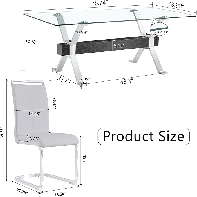 9 Piece Glass Dining Table Set, 79" Modern Dining Table Set for 8, 0.5" Thick Tempered Glass Tabletop with Silver Chrome Metal Legs and Black Crossbar, 8 PU Chairs for Dining Room, Kitchen