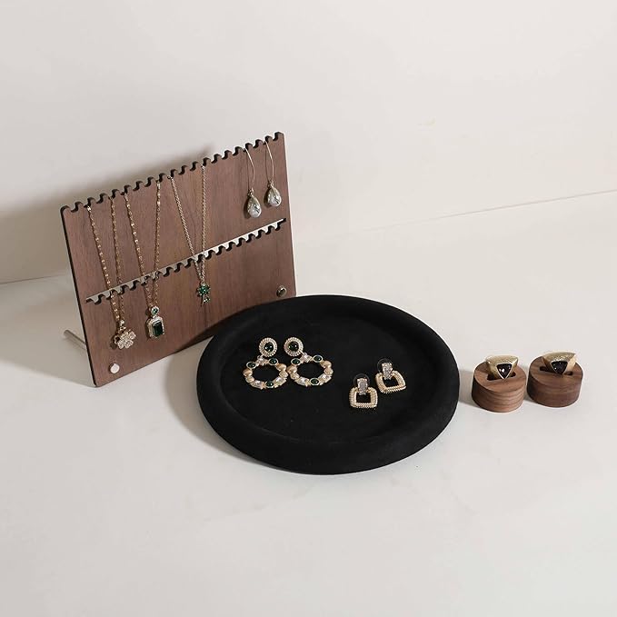GemeShou Round Jewelry Organizer plate, Top Microfiber velvet Jewerly display tray, Empty Jewelry showcase tray for Necklace Bracelet Ring Earring display stand holder (Black-Medium, 7.9 x 7.9 in)