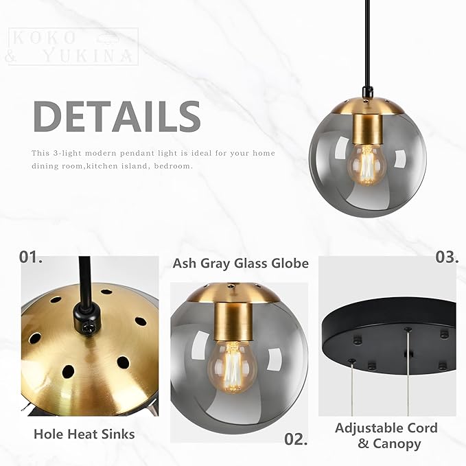 KoKo&Yukina Gold 3-Light Globe Pendant Light Modern Globe Chandelier Light Fixture Hanging Lights Adjustable with Grey Glass Pendant Lights Kitchen Island