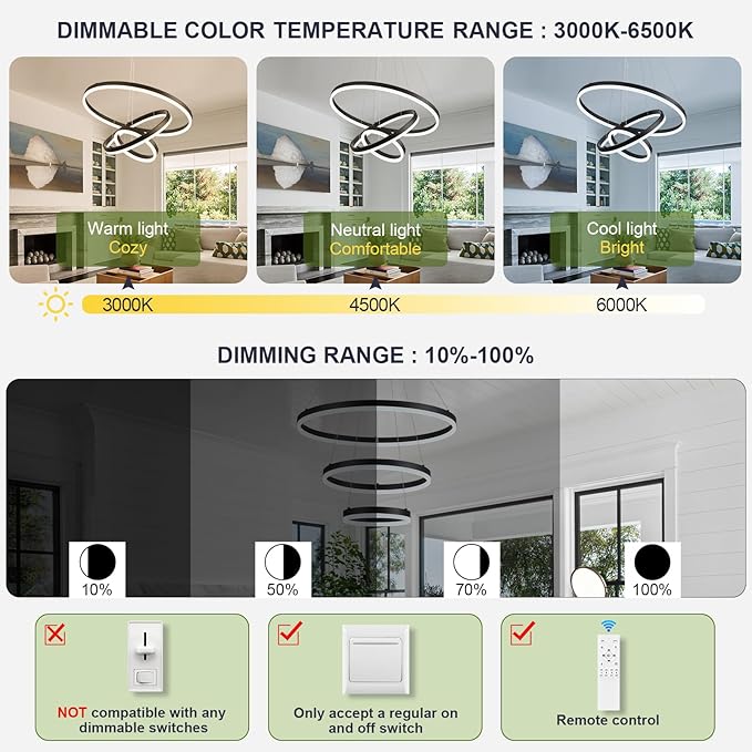3-Rings D23.6 Modern LED Chandelier Black Dimmable Pendant Lighting with Remote Control Circular Flush Mount High Ceiling Light for Dining Room Living Room Bedroom Entrance Foyer, 3000K-6500K