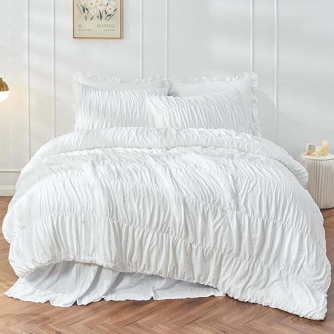 King Size Comforter Set - Ruched White Comforter King Bed Set Boho Shabby Chic Bedding - Fluffy 3 Piece Ruffle Comforter Set with Pillow - Soft and Luxury