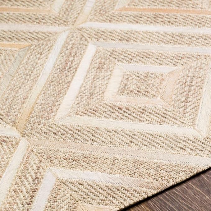Geometric Pattern Area Rug, Leather and Wool Blend Carpet, Beige and White (White/Ivory/Beige-115, 3x5)