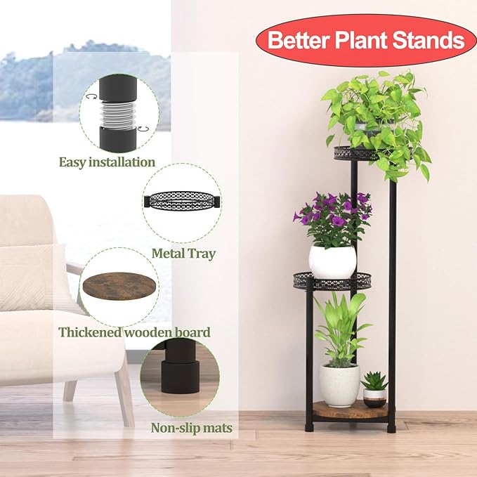 Plant Stand Indoor Outdoor,3 Tier Metal Wood Plant Stand for Multiple Plants,Black Tall Narrow Plants Display Organizer for Corner Living Room Porch Patio Garden Office
