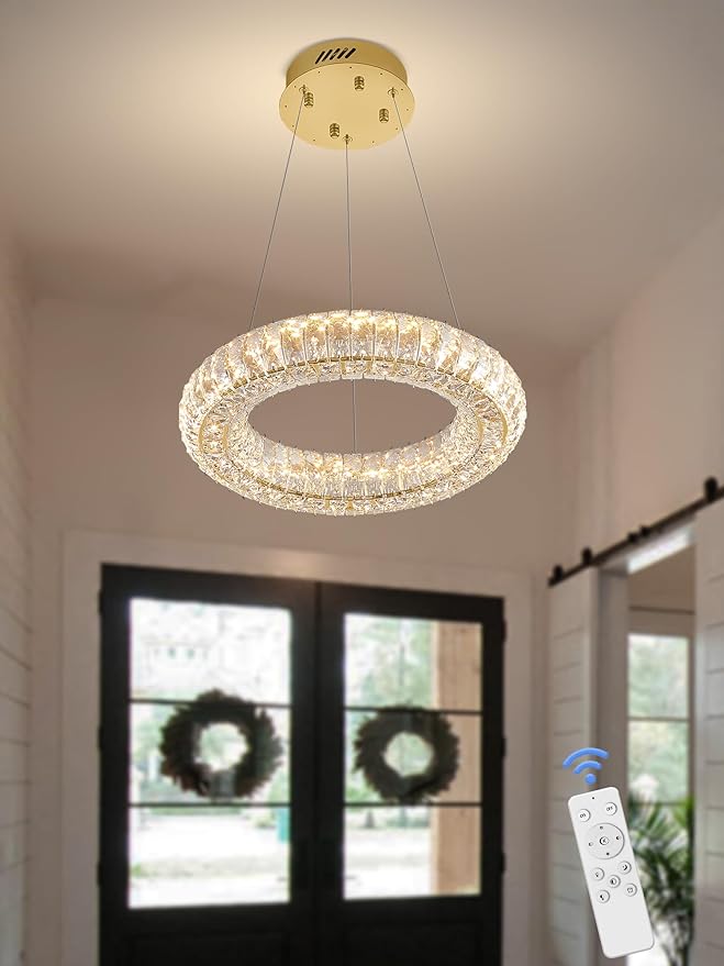 Modern Crystal Chandelier Dimmable LED 15.7" Gold Ring Pendant Light Adjustable Round Crystal Chandelier Light Fixtures for Dining Room Living Room