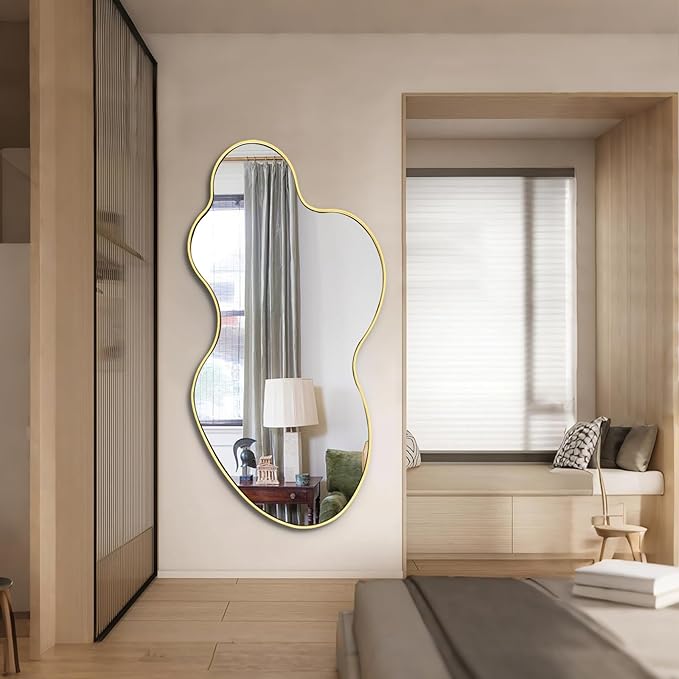 Gold Irregular Mirror, 23.6"x46.5" Asymmetrical Wall Mirror, Large Waved Mirrors with Metal Frame, Cloud Shaped Mirrors for Living Room Bathroom Bedroom Hallway Entryway Fireplace