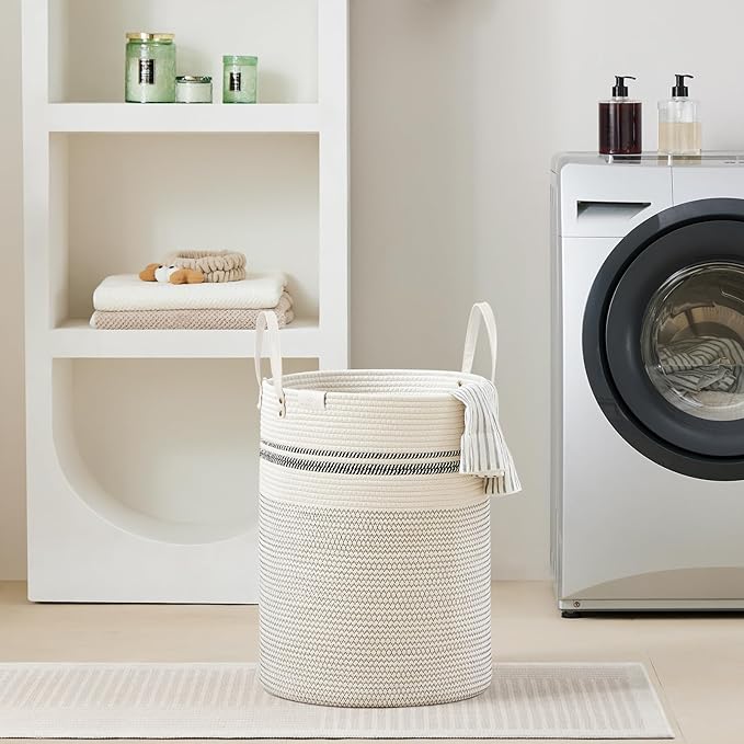 VIPOSCO Tall Laundry Basket, Large Dirty Clothes Hamper with Leather Handle, Woven Rope Storage Basket for Blanket, Toy In Living Room, Bathroom, Bedroom - 58L Stripe White