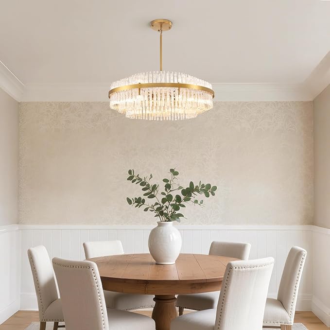 Siljoy Modern Crystal Chandelier, 39.4'' Luxury Gold Round 3-Tiers Raindrop Chandelier, Large Farmhouse Crystal Pendant Ceiling Light Fixture for Dining Living Room Kitchen Island Foyer, G9 x 24