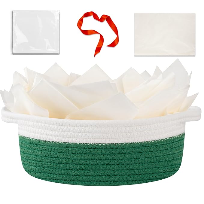 OIAHOMY Gift Basket Empty with Handle, 12"x 8"x 5" Small Woven Basket with Gift Bag, Ribbon and Wrap Tissue Paper, Dog Toy Storage for Organizing - Green & White