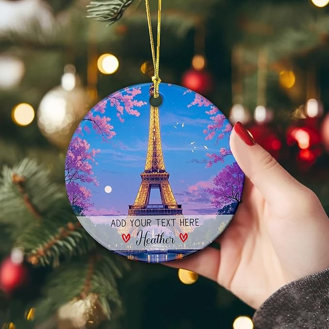 Personalized Text/Name Paris Eiffel Tower Christmas Ornament, France Paris Skyline Ceramic Ornament Christmas 2025, France Travel Souvenir Ornaments Gift, Customized Eiffel Tower Trip Xmas Tree Decor