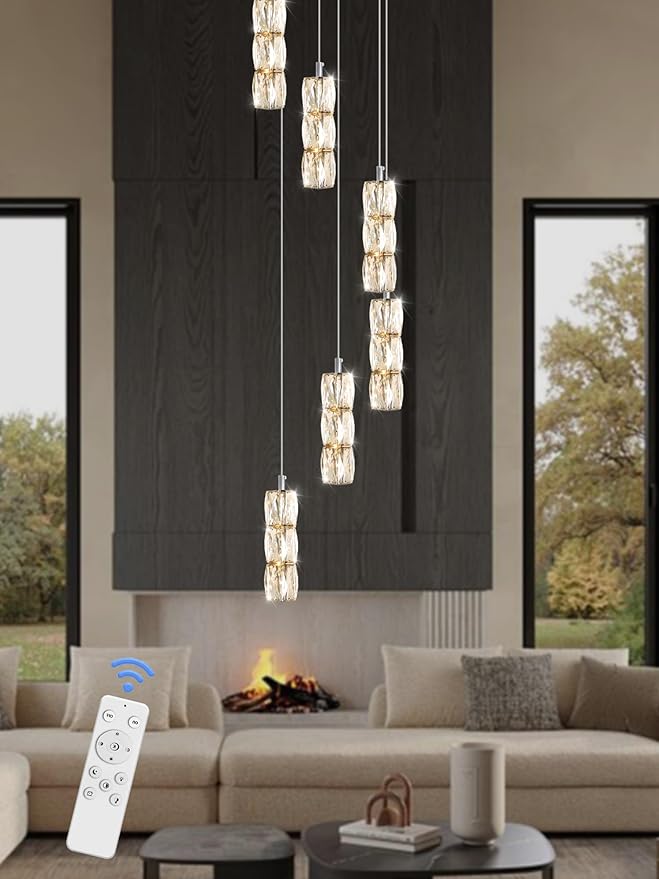 H78 Pendant Lights Kitchen Island 6-Lights Pendant Chandelier for Dining Room Hallway Stairwell,LED Dimmable 2700K-6000K (Silver Chandelier)