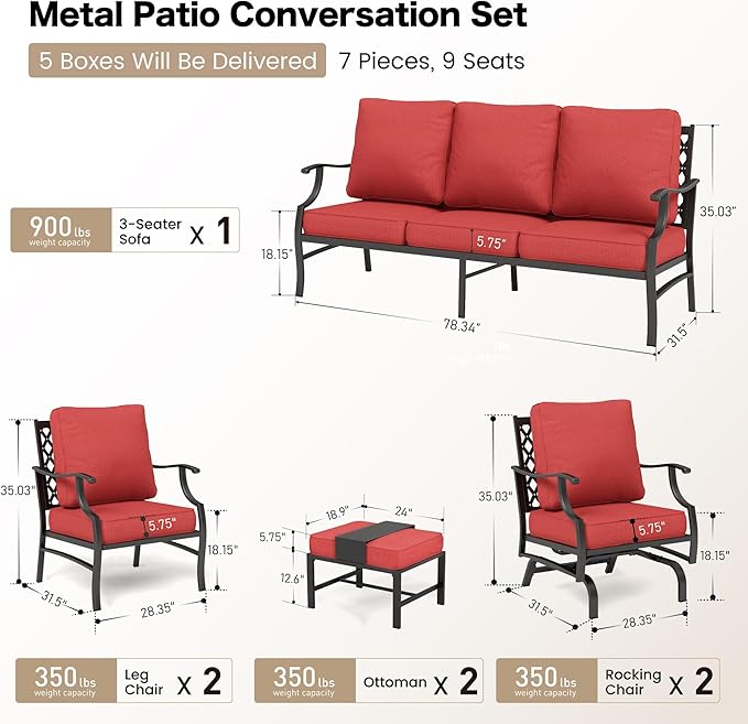 7 Piece Metal Outdoor Patio Furniture Sets, Patio Conversation Sets 1 3-Seater Sofa, 2 Fixed Chair, 2 Rocking Chair, 2 Ottomans with 5.75" Thick Cushion, Black Backyard Furniture, Red