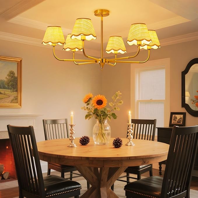 6-Light Boho Rattan Chandelier for Dining Room,Farmhouse Chandeliers Light Fixture,Adjustable Height Hanging Pendant Lighting Fixtures for Kitchen Island,Hand-Woven Ceiling Lights