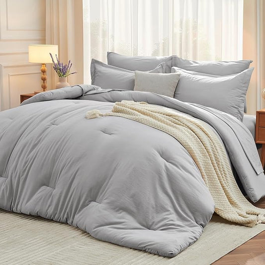 MUXHOMO 7 Pieces King Comforter Set, Soft Bed in a Bag King Size, All Season Bedding Set with Comforter, Flat Sheet, Fitted Sheet, Pillowcases & Shams, Light Grey
