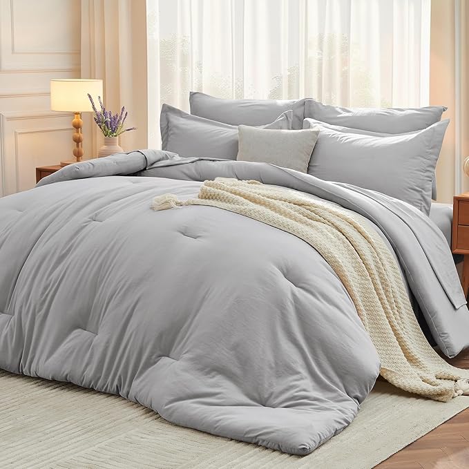 MUXHOMO 5 Pieces Twin XL Comforter Set, Soft Bed in a Bag Twin XL Size, All Season Bedding Set with Comforter, Flat Sheet, Fitted Sheet, Pillowcases & Shams, Light Grey