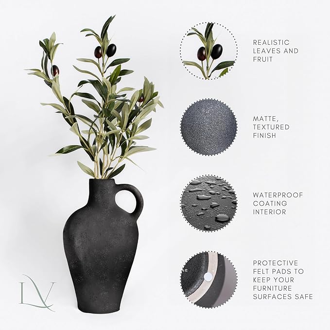 Luxurious Gift Set Textured Ceramic Vase 10 Inch with Olive Branches 22 Inch Tall Black Medium Vase Artificial Topiaries Fake Plants, Minimalist Shelf Decor, Neutral Home Office High End Gifting Decor