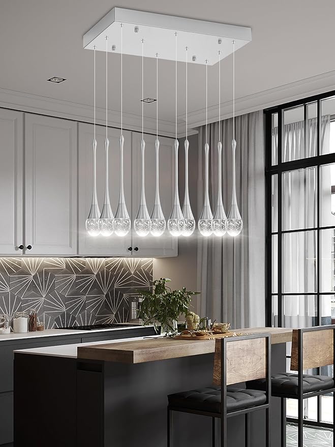 Rectangular Chandeliers for Living Room Silver Dining Room Lights Fixture Raindrop Pendant Lights Kitchen Island Crystal Chandelier for Staircase Hallway Foyer Entryway