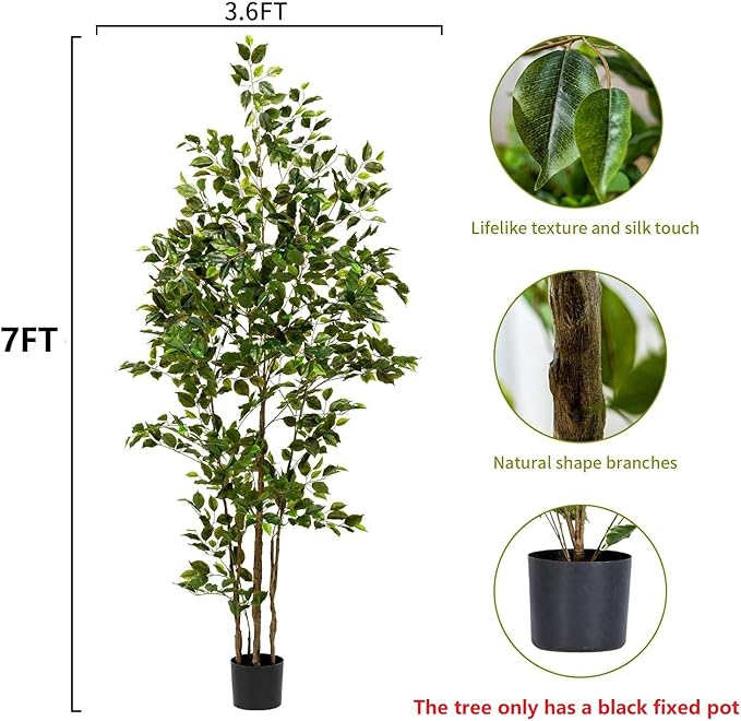 Artificial Ficus Tree Indoor 7ft, Large Potted Faux Tree with Realistic Silk Leaves & Trunk for Home Office, Living Room Corner Decor