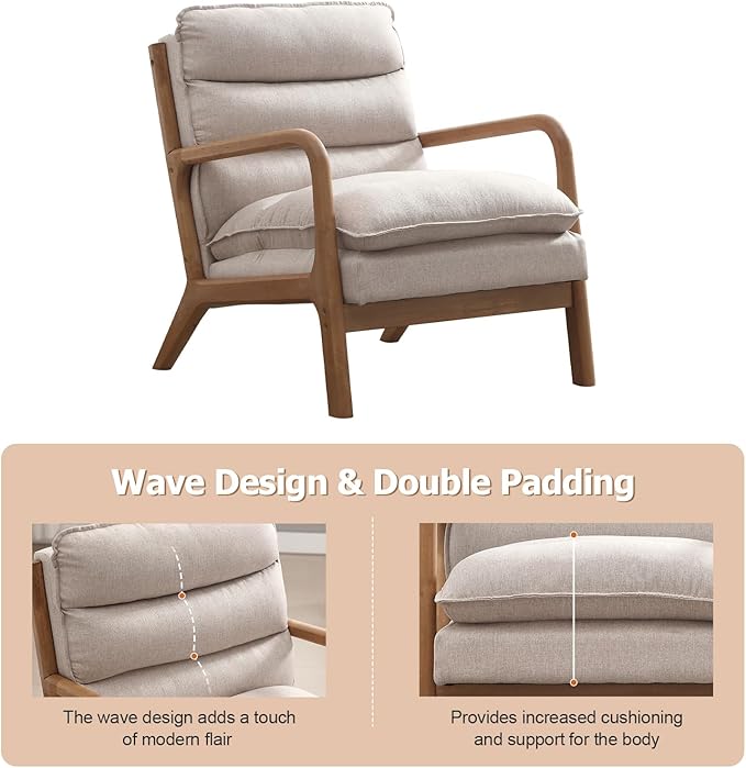 INZOY Accent Chairs Set of 2, Mid Century Modern Accent Chair with Wood Frame, Upholstered Reading Armchair with Waist Cushion, Side Chair for Living Room Bedroom Office, Easy Assembly, Beige