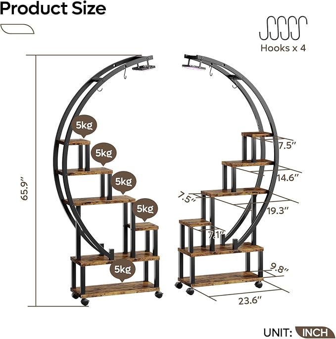 Bestier Plant Stand Indoor with Grow Lights, 6 Tiered Metal Plant Stand with Wheels for Plants Multiple, Half-Moon Shape Plant Rack Display Shelf, Large Plant Holder or Home, Patio, Balcony (2 Pcs, Brown)
