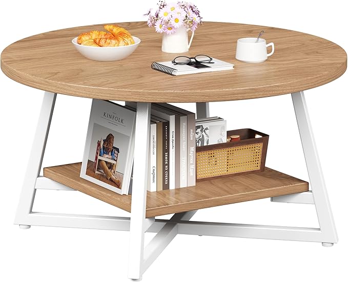 Coffee Table for Living Room, Round Coffee Table, Small Circle Coffee Table with Storage, Modern Wood Round Center Table for Home Office, Small Space, Easy Assembly, Light Coffee