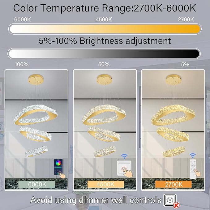 Modern Led Gold Chandelier Adjustable 3 Rings Crystal Chandelier for Living Room Foyer Stairwell Lighting High Ceiling Light Dimmable 2700K-6000K