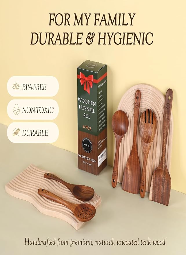 100% Natural Teak Wood Wooden Utensil Set – Non-Stick & Heat Resistant – 6 Pcs Durable Kitchen Spoons for Cooking, Eco-Friendly & Comfortable Grip