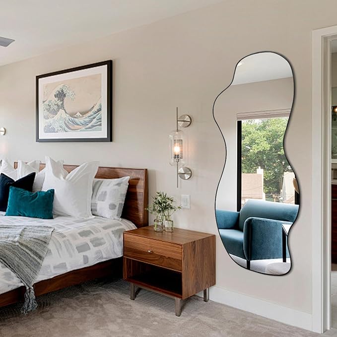 POZINO Large Irregular Mirror, Asymmetrical Full Length Mirror, 55"x25.5" Wavy Shaped Mirrors, Modern Frameless Decorative Mirrors for Dressing Living Room Bathroom Bedroom Hallway Entryway