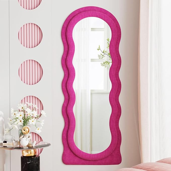 Full Length Mirror, 63"x24" Wavy Floor Mirror, Arched Standing Mirrors Full Length, Cloud Shaped Flannel Wall Mirror, Dressing Body Mirrors Hanging or Leaning Against Wall for Bedroom (Pink)