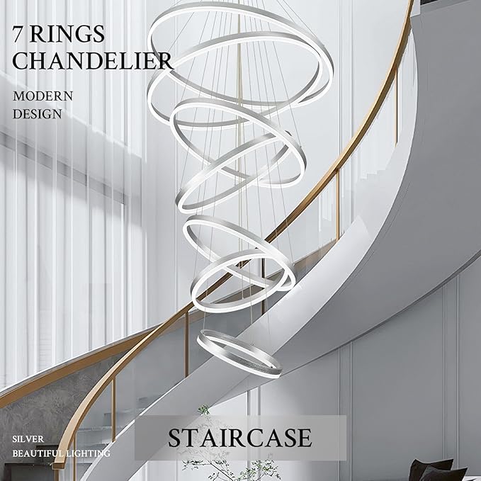 7-Rings D31.5’’ Modern LED Chandelier Silver Dimmable High Ceiling Chandeliers Foyer with Remote Control for Staircase Entryway Dining Room Living Room, 3000K-6500K