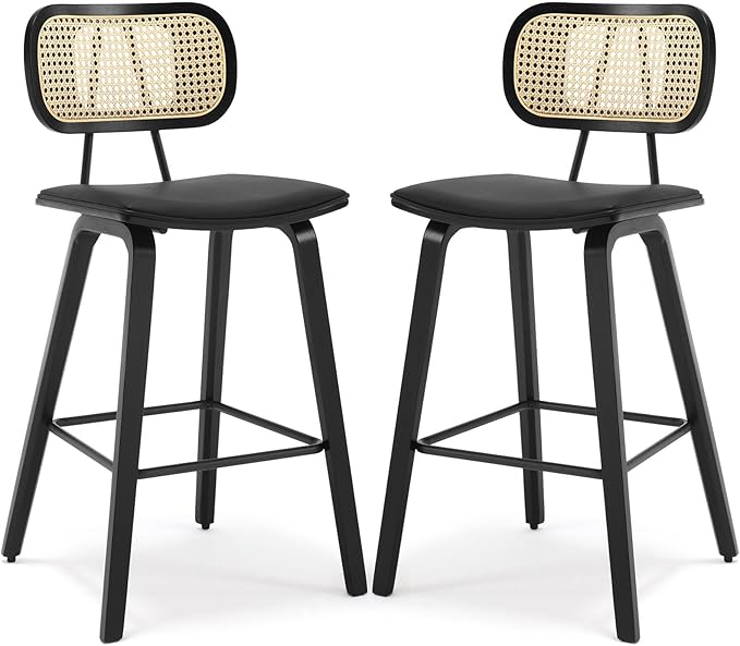 Counter Height Bar Stools Set of 2, 26" PU Leather Upholstered Rattan Barstools, Mid Century Modern Bar Chairs with Black Wood Legs, Armless Walnut Kitchen Island Dining Bar Chair, Black