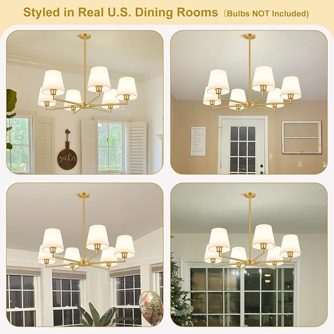 36" Gold Chandelier for Dining Room Light Fixture (6-Light, 36-Inch), Adjustable Linear Gold Dining Room Chandelier with White Fabric Shade, Linear Pendant Light Fixture for Kitchen Bulb Not Included