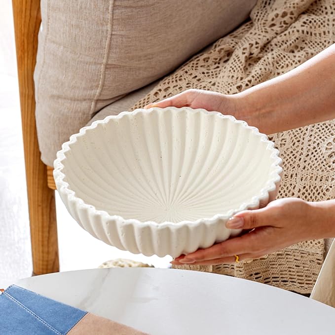 Large Decorative Fruit Bowl for Kitchen Counter, Travertine Stone Look Modern Minimalist Snack Candy Bowl for Table Centerpiece Decor, Home, Office, Hotel, Entryway (White)