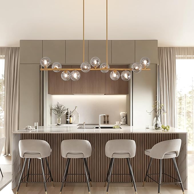 Dining Room Light Fixture, 55inch Modern Chandeliers for Dining room,11 Lights Gold Linear Chandelier with Gray Globe Glass Brass Sputnik Chandeliers over Table Large Pendant island Lights for Kitchen