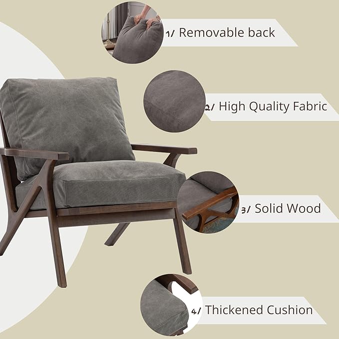 Wahson Set of 2 Mid Century Arm Chairs and Ottomans, Upholstered Accent Armchair with Wood Frame and Canvas Cushions, Leisure Slipper Chair for Living Room/Bedroom, Grey