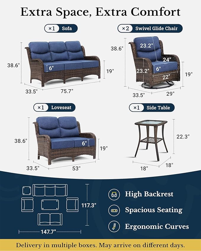 HILLGA Luxury Patio Furniture Set with 6-Inch Thick Cushions, High Back Outdoor Swivel Rocker Chairs Patio Loveseat and Couch, 6-Piece All Weather Conversation Set for Porch Deck Pool Yard, Blue (V3)