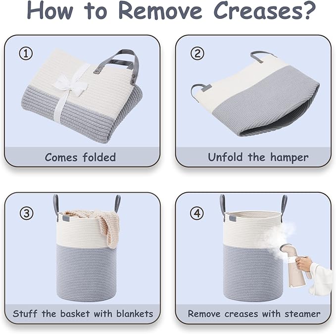 VIPOSCO Tall Laundry Basket, Large Dirty Clothes Hamper with Leather Handle, Woven Rope Storage Basket for Blanket, Toy In Living Room, Bathroom, Bedroom - 58L Grey & White