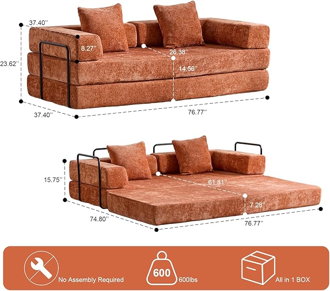 Convertible Floor Sofa Bed with Fixed-Shape Frame, Modular Chenille Folding Mattress Couch with Armrest, Floor Sofa Lounge Couch for Living Room Bedroom Lounge Studio,Burnt Orange
