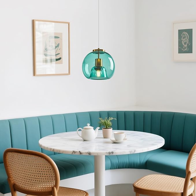 Light Blue Glass Pendant Lights Kitchen Island Gold Hanging Light Fixture Glass Globe Pendant Light Modern Pendant Lighting for Kitchen Island Bedroom Dining Room (7.87", 2 Pack)