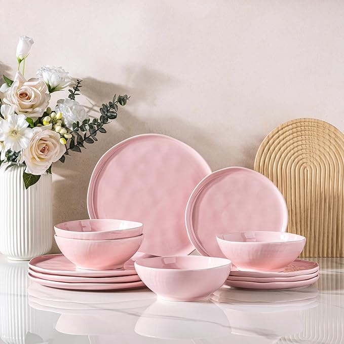 LERATIO Ceramic Dinnerware Sets for 4,Porcelain Plates and Bowls Sets with Wavy Edge,Microwave & Dishwasher & Oven Safe,Light Weight & Scratch Resistant Dishes Sets-Service for 4 (12pcs)-Pink