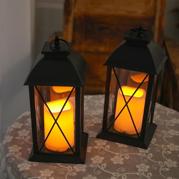 2 Pack 13-Inch Black Decorative Lantern with LED Candle (6hr Timer) - IP65 Waterproof Battery Powered - Outdoor Patio Hanging Lanterns Decorative Tabletop Lanterns