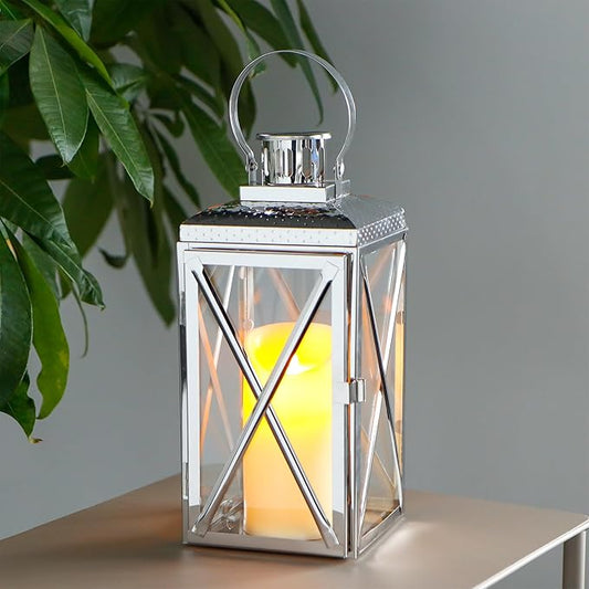 TRIROCKS 14" H Stainless Steel Lantern Square Elegance Metal Candle Lanterns Candle Holder with Tempered Glass for Home Garden Indoor Outdoor Decor Celebratory