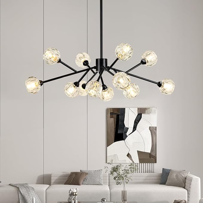 Sputnik Chandeliers for Dining Room Light Fixture Over Table, Modern Crystal Chandeliers, 12 Lights Black Lighting Fixtures for Living Room Bedroom Kitchen Island Bar