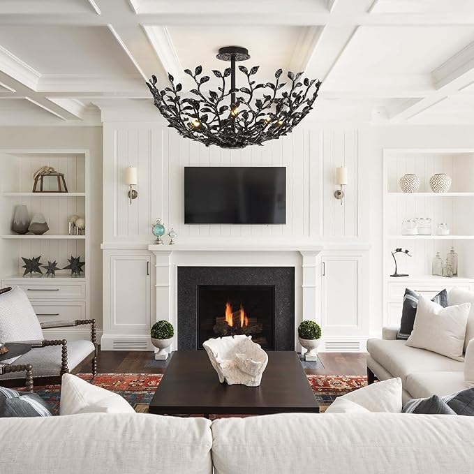Black Tree Branch Semi Flush Mount Ceiling Light, 6-Light Chandeliers Ceiling Lighting, 25.5" Metal Modern Farmhouse Chandeliers for Kitchen Entryway Living Room Bedroom Foyer Hallway