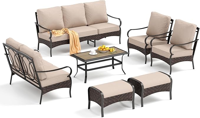 PHI VILLA Extra Large Outdoor Modern Patio Furniture Set, Upgraded Wicker&Metal Patio Furniture Conversation Set with Waterproof Thick Cushions for Porch, Poolside, Deck, and Yard(7 Pieces,Beige)