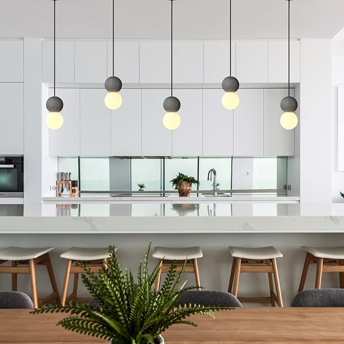 Modern Black 1-Light Concrete Pendant Light Kitchen Island Ceiling Light Fixture White Glass Globe Ball Pendant Lighting for Dining Room Coffee Club Resturant Bar Living Room(2-Pack)
